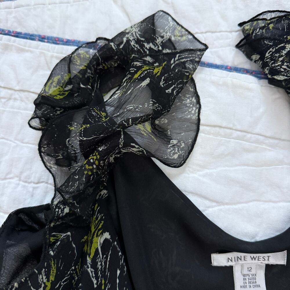 Vintage Nine West Black Green Silk Floral Chiffon Midi Dress Sz 12 - Picture 5 of 8